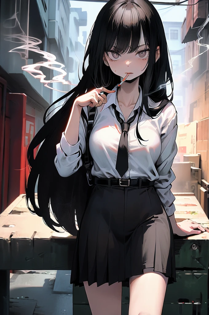 student, uniform, smoking, White shirt, tie, traitor, slim, Backpack, Lots of smoke, flat, Black Skirt, Pretty face, beautiful, Long Hair, Face Focus, Half closed eyes, relax, pale, Asian eyes, Straight hair, Asian, Swollen lips, Lip gloss, Pouting、In a completely different expression