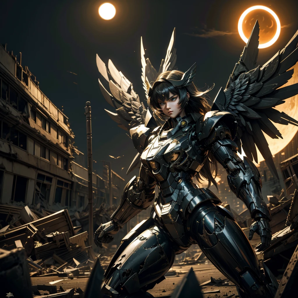 female mecha wings of angel, in black armor, in a destroyed city, the night, with an eclipse in the background