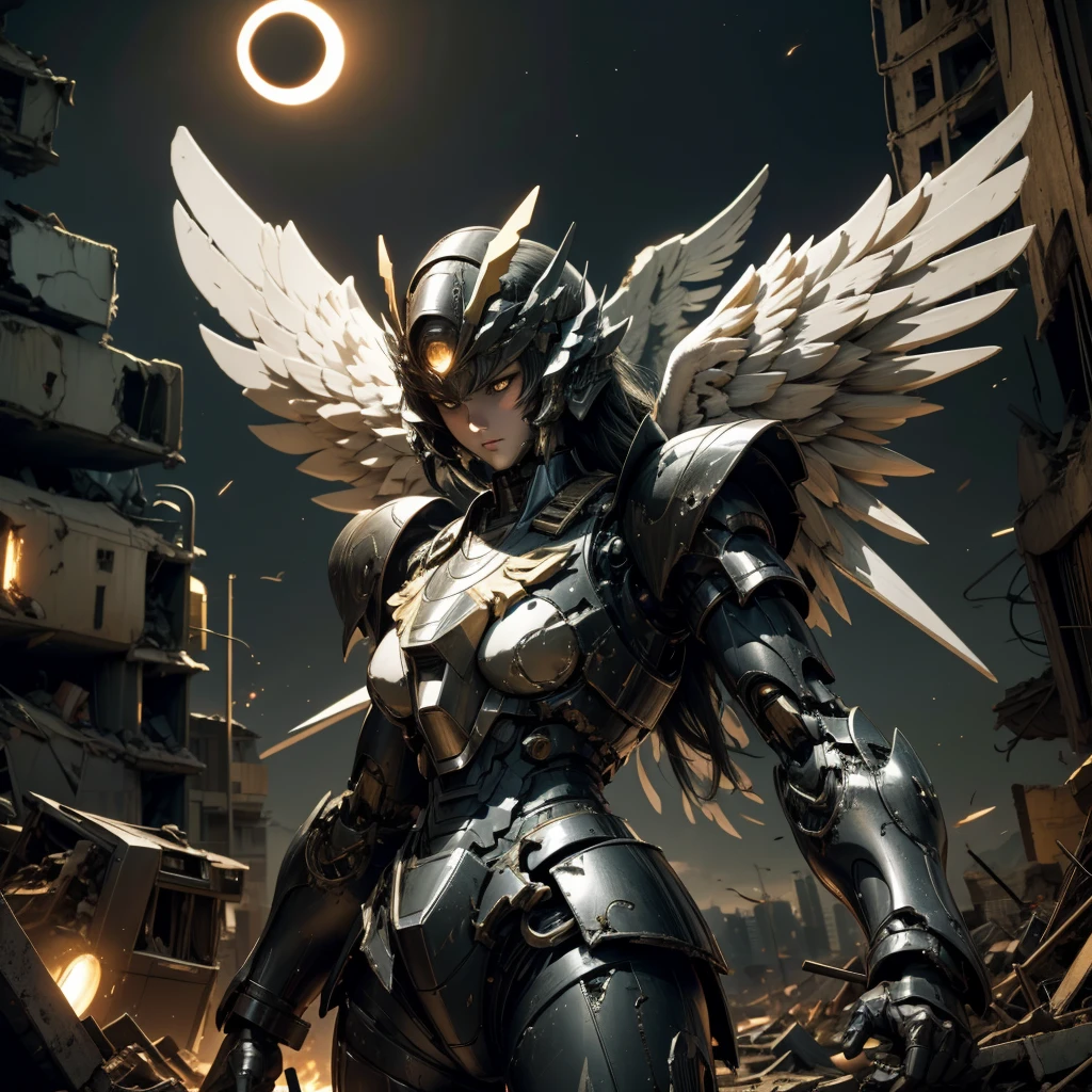 female mecha wings of angel, in black armor, in a destroyed city, the night, with an eclipse in the background