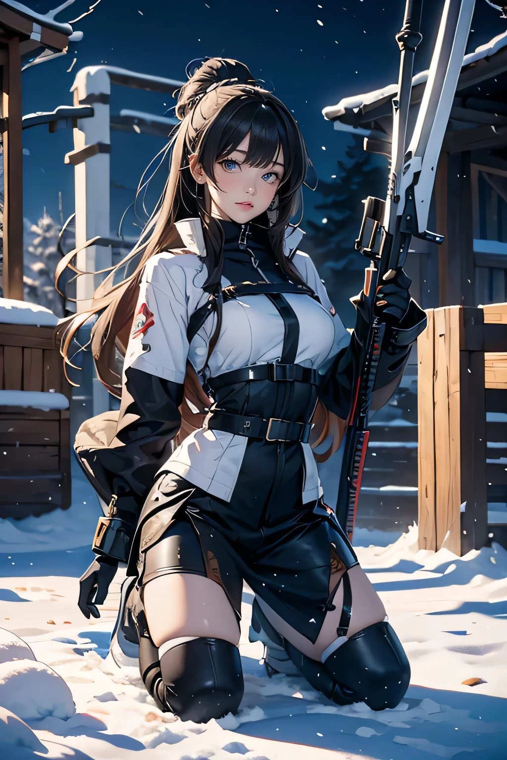 anime girl kneeling In the snow with a sword in her hand, Amazing Anime 8K, Anime Style 4k, 4k Anime Wallpaper, Anime Wallpaper 4 k, Anime Wallpaper 4k, Anime Wallpaper, Female Action Anime Girl, From Girls Frontline, Girls Frontline Style, hd Anime Wallpaper, Anime Wallpaper, In the snow, Girls Frontline CG, Sad expression, Expressing pity, Snow camouflage, cargo pants, 