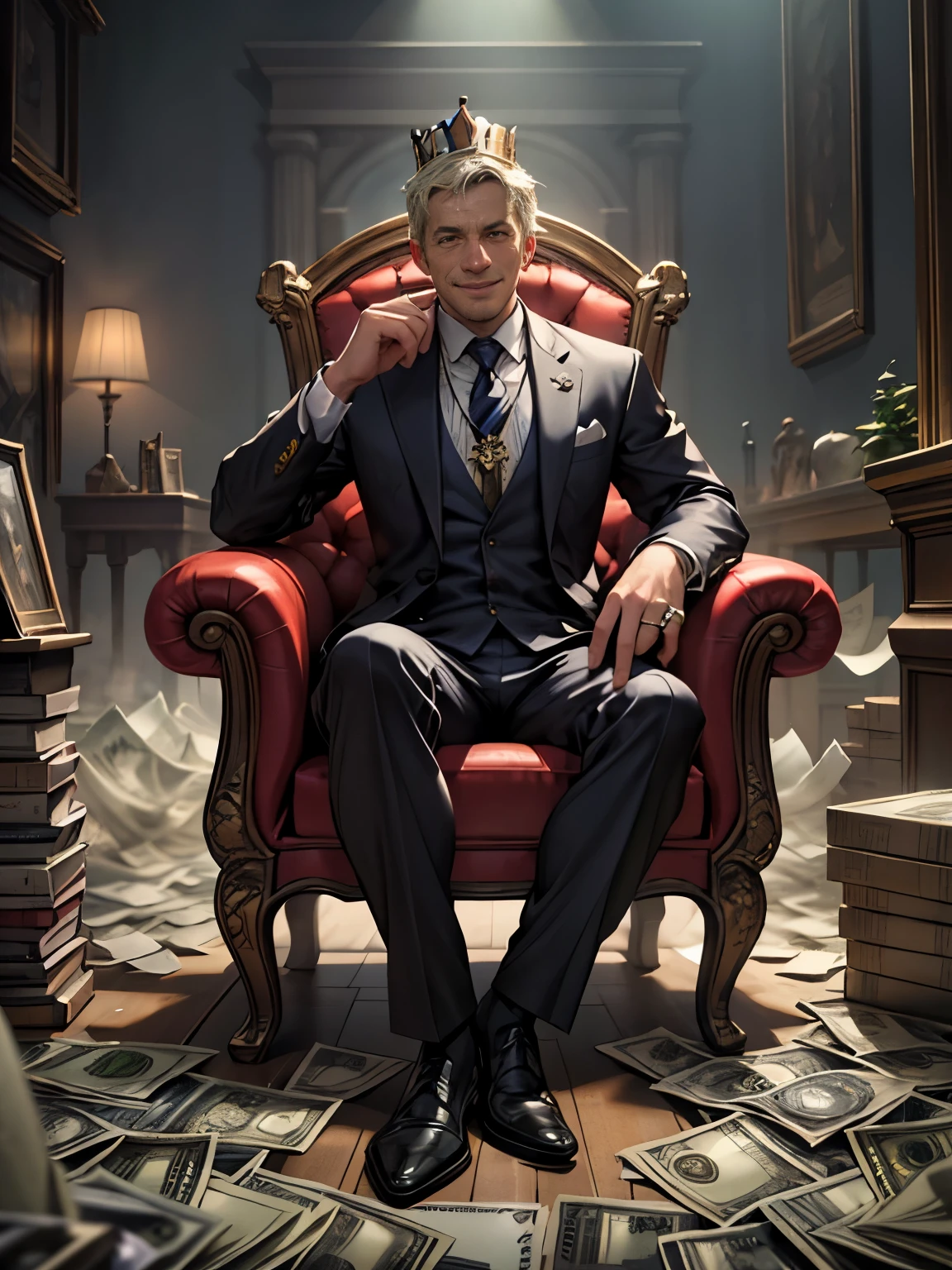 1 man sitting on a throne made of banknotes, wearing a suit, crown, large gemstone necklace, rings on every finger, smiling, surrounded by mountains of banknotes, ecstatic, detailed intricate facial features, extremely detailed, 8k, photorealistic, hyperrealistic, hyper detailed, cinematic lighting, dramatic shadows, vibrant colors, lush environment, epic scene, masterpiece