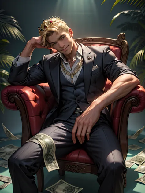 a man sits on a throne made of paper money、suit、crown、large gemstone necklace、rings on every finger、with a smile、surrounded by p...