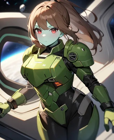 1girl,solo,red eyes,((brown hair:1.5)),green power armor,ponytail,((pale green skin)),green chest armor,cowboy shot,in space shi...