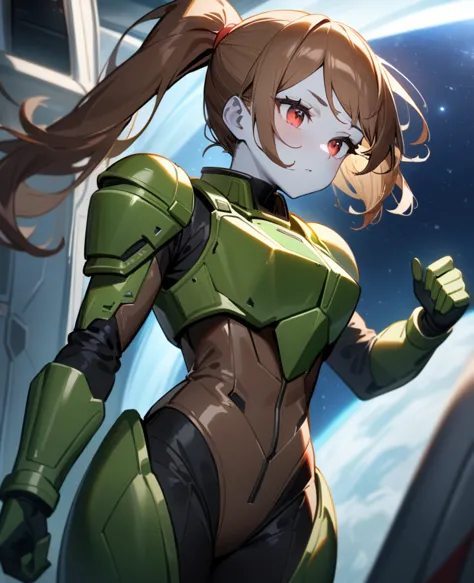 1girl,solo,red eyes,((brown hair:1.5)),green power armor,ponytail,((pale green skin)),green chest armor,cowboy shot,in space shi...