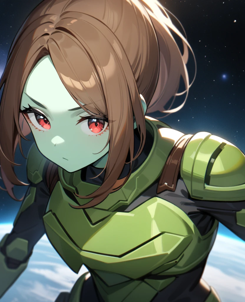 1girl,solo,red eyes,((BROWN hair:1.5)),green power armor,ponytail,((pale green skin)),green chest armor,cowboy shot,in space ship,zero gravity,Science fiction,ultra-detailed,sharp focus,aesthetic,(best quality)