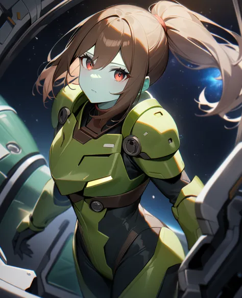 1girl,solo,red eyes,((brown hair:1.5)),green power armor,ponytail,((pale green skin)),green chest armor,cowboy shot,in space shi...