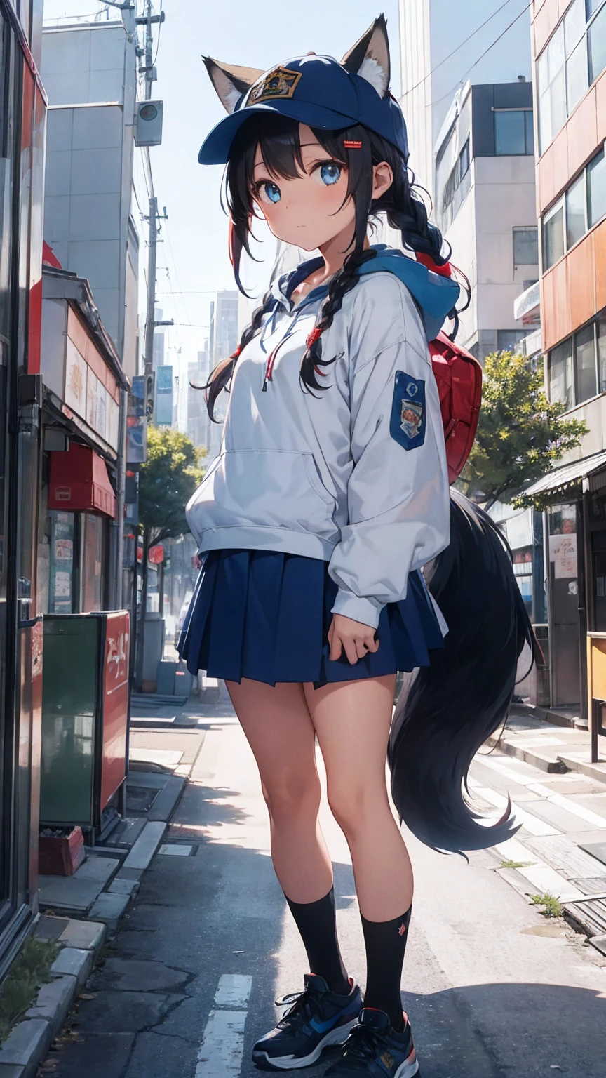 1girl, teenage, (animal ears), straight-on, full body, looking at viewer, hair between eyes, hair ornament, multicolored hair, twin braids, fox tail, (multiple tails:1.3), badge, bangs, (blue baseball cap:1.2), clothes writing, white clothes, hood, hood down, standing, long sleeves, closed mouth, (blue skirt:1.05), solo, (light blush:0.9), bare tree, building, city, cityscape, day, outdoors,  street, tokyo (city), tree