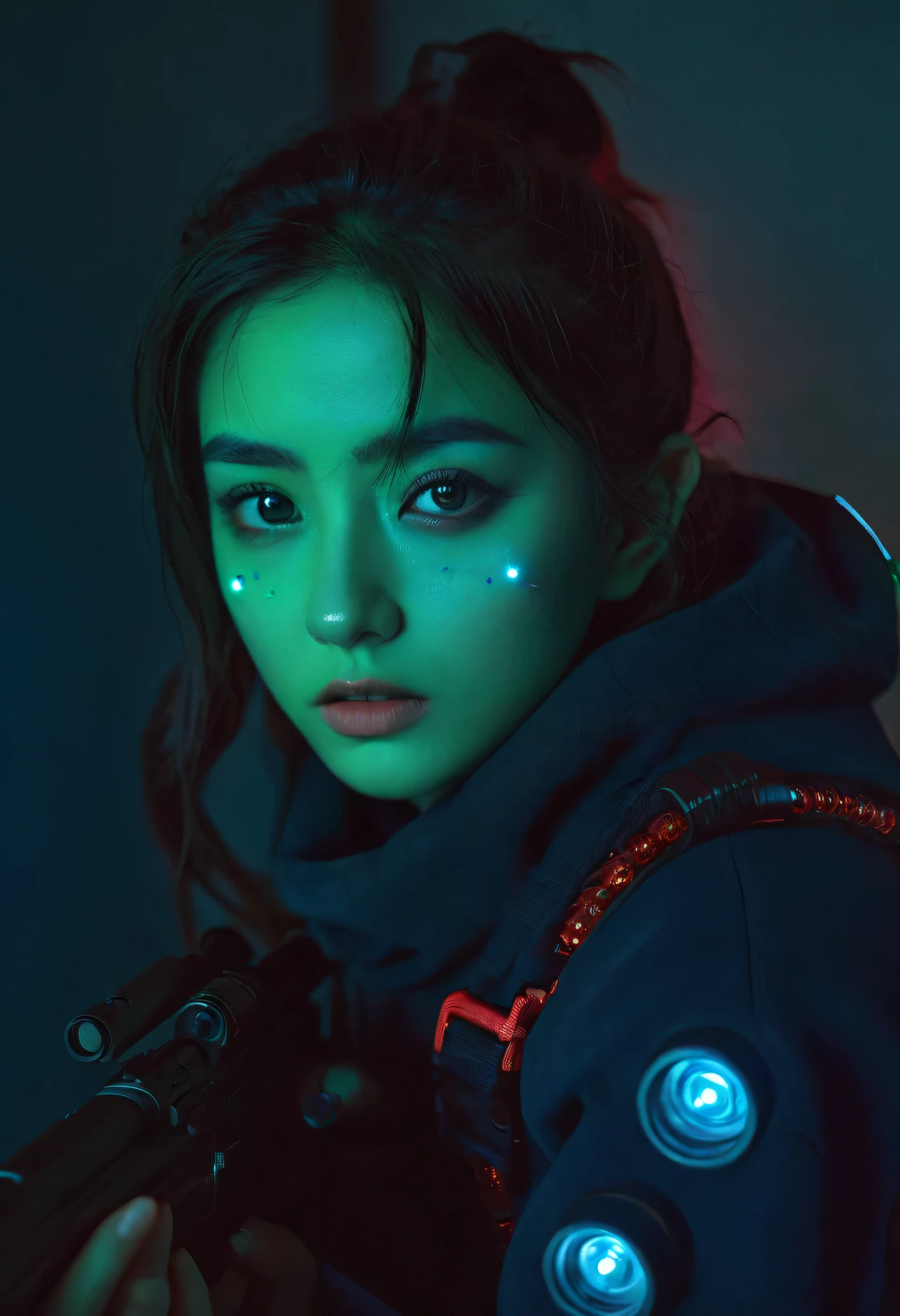 (grainy:0.5), cinematic,girl, space, serious, detailed eyes, detailed face, detailed futuristic clothes, lights in clothes, (aiming gun:1.1), (hiding:1.1), (squatting, looking to side:1.1), volumetric lighting, isolation, horror, dark lighting, red bioluminescent details, green bioluminescent details, blue bioluminescent details