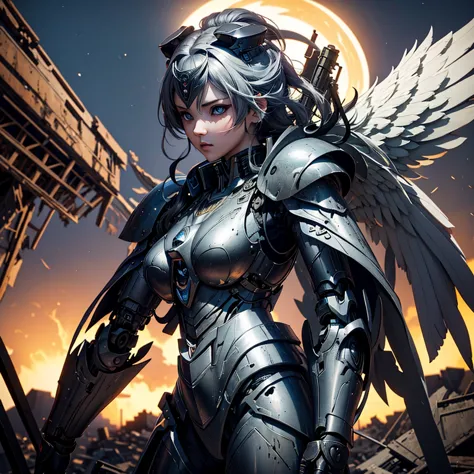 female mecha wings of angel, in black armor, in a destroyed city, the night, with an eclipse in the background