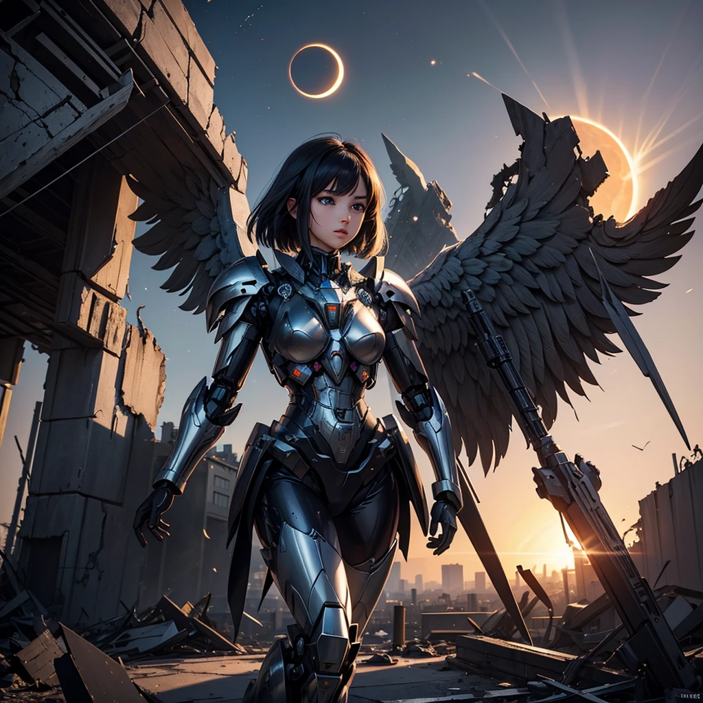 female mecha wings of angel, in black armor, in a destroyed city, the night, with an eclipse in the background