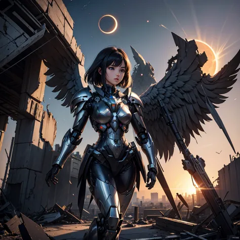 female mecha wings of angel, in black armor, in a destroyed city, the night, with an eclipse in the background