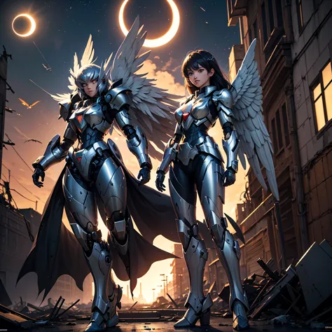 female mecha wings of angel, in black armor, in a destroyed city, the night, with an eclipse in the background