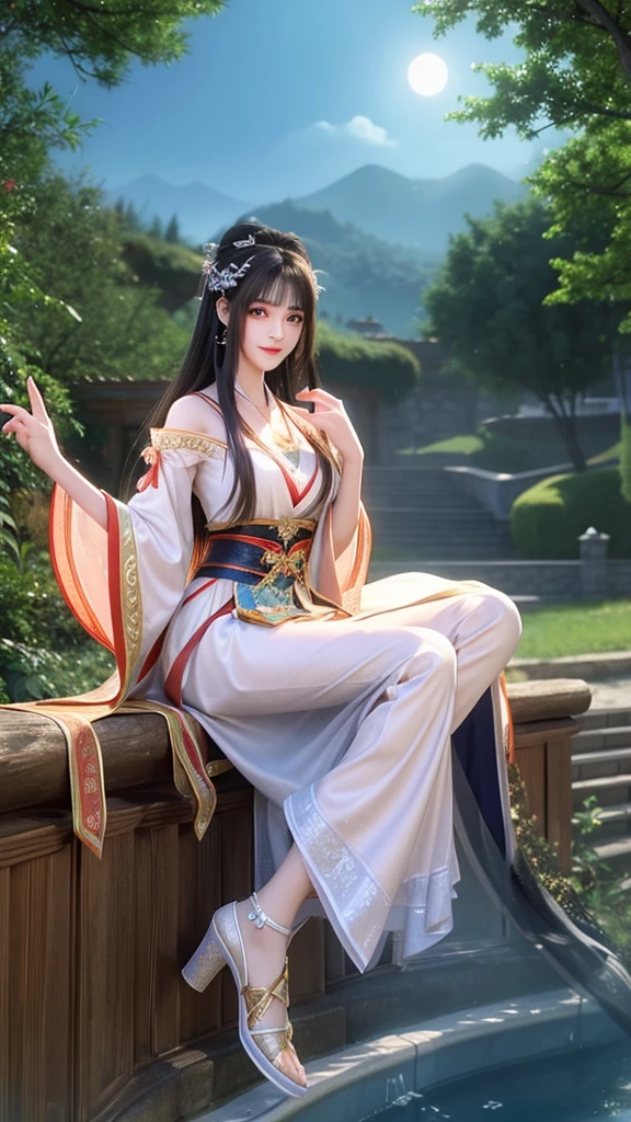 Moonlight scenery，Ancient costume goddess wears Hanfu，unique。Her gorgeous costume sparkles，The skirt flutters in the breeze，It looks elegant and dynamic。There was a mischievous look in her eyes，As if blending into this peaceful nature。

The costume goddess wears a pair of fashionable high heels under her feet，It doesn&#39;t match her elegant temperament.，But it adds a touch of mystery and sexiness。。。。。。。。。Her feet stepped on the bluestone，It's like dancing on the ground，Elegant step by step。

Moonlight，The scenery is more hazy and beautiful。Her figure dances in the moonlight，Fairy Beauty。Her demeanor is playful and cute，People can't help but want to get closer，Discover her inner secrets。

Right now，Everything around me seems to have disappeared，Only this ancient costume goddess and this beautiful landscape painting are left。She smiled，sports，Full of poetry，Intoxicating，Inextricable。