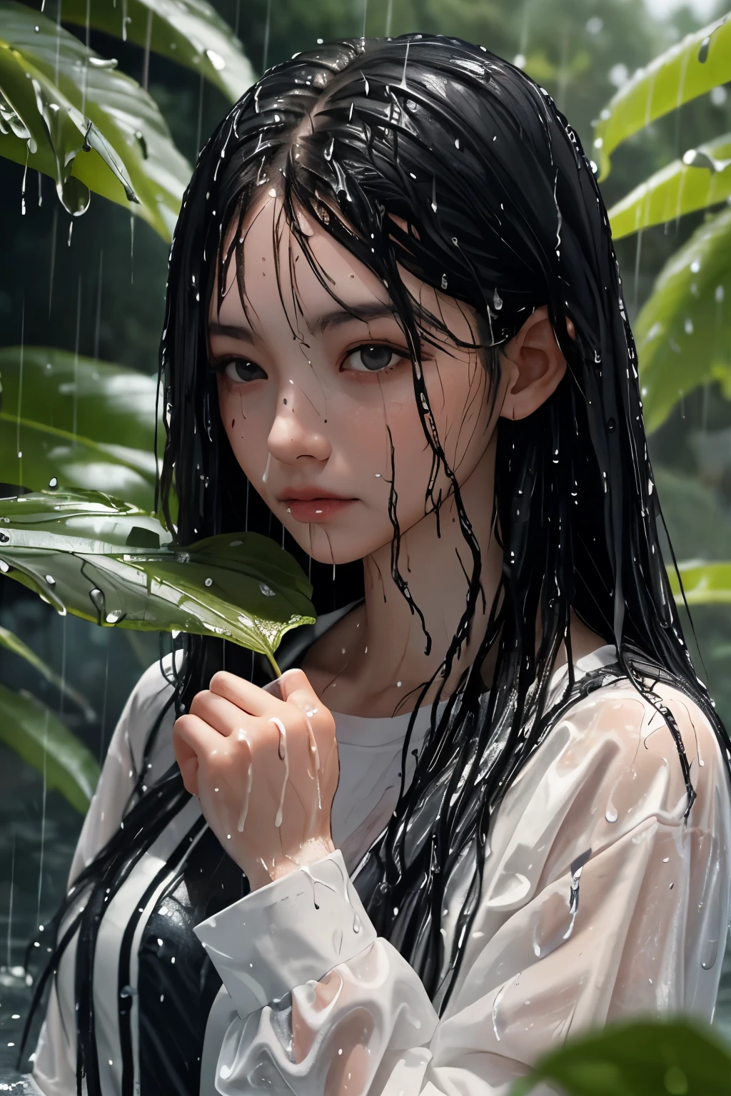 One girl, Black Hair, Long Hair, water, Wet, alone, Food, leaf, Outdoor, rain, View your viewers, plant, Upper Body, Food up, Wet hair