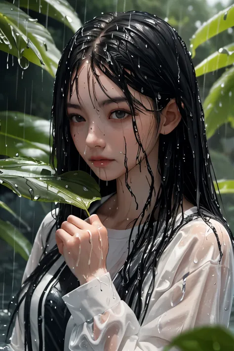 one girl, black hair, long hair, water, wet, alone, food, leaf, outdoor, rain, view your viewers, plant, upper body, food up, we...