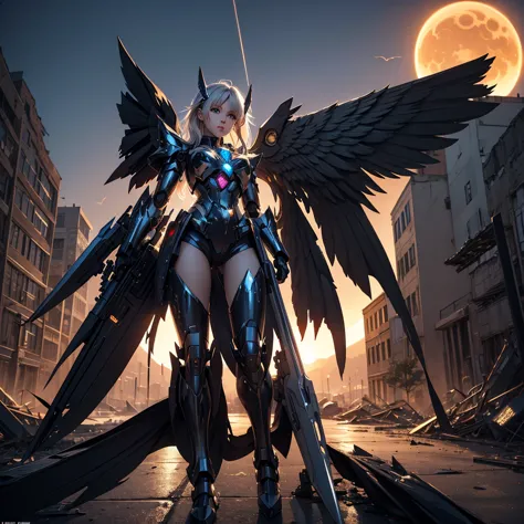 female mecha wings of angel, in black armor, in a destroyed city, the night, with an eclipse in the background