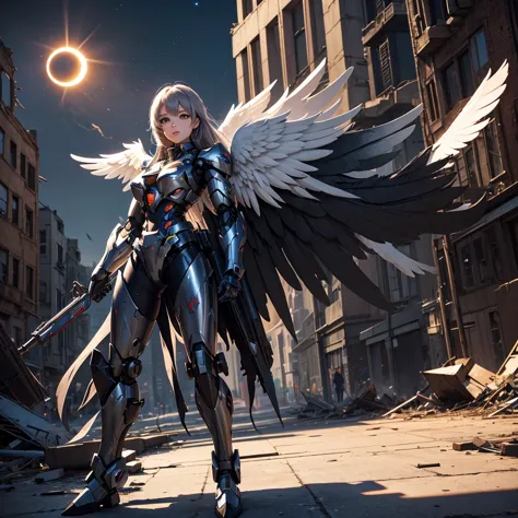 female mecha wings of angel, in black armor, in a destroyed city, the night, with an eclipse in the background