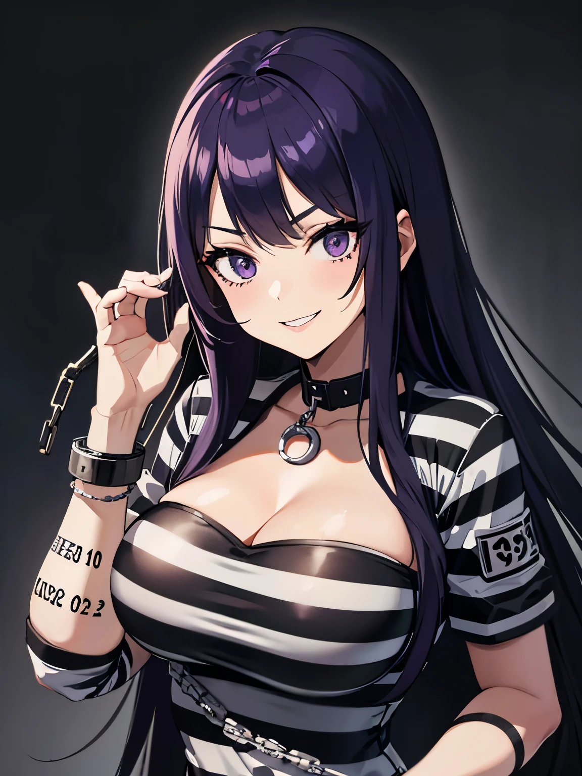 Mugshot, anime girl in black and white striped prisoner uniform, hands cuffed or chained, cleavage, big breasts, purple hair, evil smile, jail, cell, prison