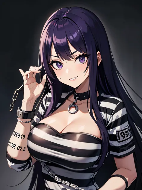 Mugshot, anime girl in black and white striped prisoner uniform, hands cuffed or chained, cleavage, big breasts, purple hair, ev...