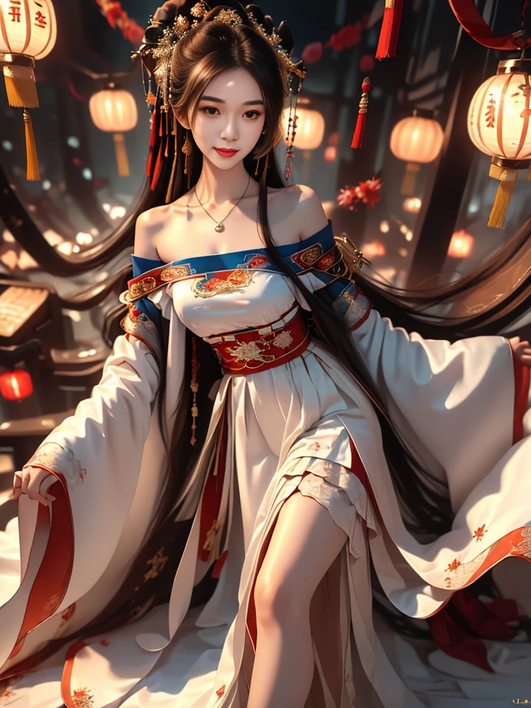 Girl in traditional Chinese clothing, Hanfu ,long black hair, black eyes, black bun hairstyle, hair accessories ,white diamond earrings, Bangle Diameter, Dia Necklace, Clear eyes, Facing forward,put on makeup, Long eyelashes ,(Long shoulder coat:1.5), (long white skirt:1.5), ((Whole body)), ((from below))ฃ, Clear face, , (Very beautiful face, Beautiful mouth, beautiful eyes), detailed face, ((Ultra-fine skin)), In the dark, deep shadows, an ancient Chinese girl (Very slim figure 1.3) ,Plump breasts, sexy slender legs elegant posture (smile brightly) (city night (neon light)) (nighttime ),