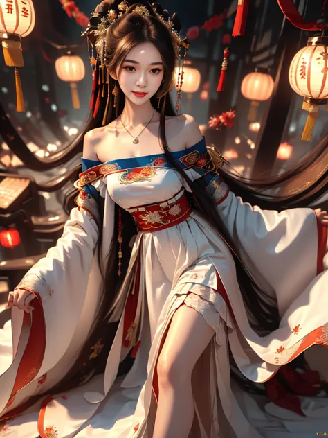 Girl in traditional Chinese clothing, Hanfu ,long black hair, black eyes, black bun hairstyle, hair accessories ,white diamond e...