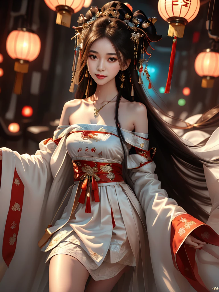 Girl in traditional Chinese clothing, Hanfu ,long black hair, black eyes, black bun hairstyle, hair accessories ,white diamond earrings, Bangle Diameter, Dia Necklace, Clear eyes, Facing forward,put on makeup, Long eyelashes ,(Long shoulder coat:1.5), (long white skirt:1.5), ((Whole body)), ((from below))ฃ, Clear face, , (Very beautiful face, Beautiful mouth, beautiful eyes), detailed face, ((Ultra-fine skin)), In the dark, deep shadows, an ancient Chinese girl (Very slim figure 1.3) ,Plump breasts, sexy slender legs elegant posture (smile brightly) (city night (neon light)) (nighttime ),