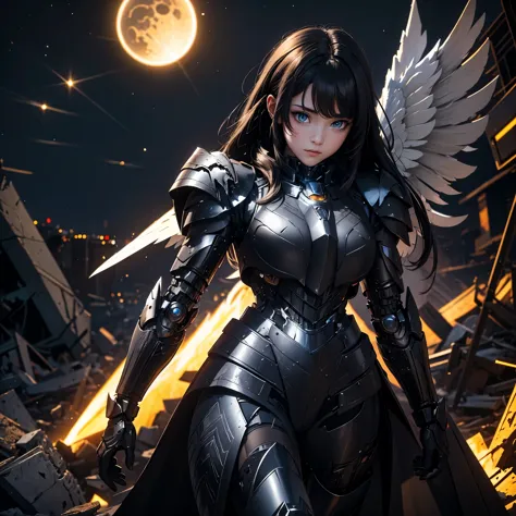 female mecha wings of angel, in black armor, in a destroyed city, the night, with an eclipse in the background