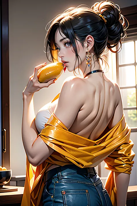 a woman holding a mango in her right hand, raising her right hand, sticking out her tongue and licking the mango, side profile v...