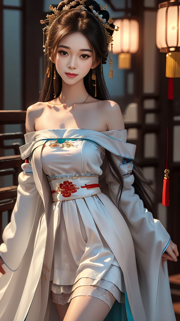 Girl in traditional Chinese clothing, Hanfu ,long black hair, black eyes, black bun hairstyle, hair accessories ,white diamond earrings, Bangle Diameter, Dia Necklace, Clear eyes, Facing forward,put on makeup, Long eyelashes ,(Long shoulder coat:1.5), (long white skirt:1.5), ((Whole body)), ((from below)), Clear face, , (Very beautiful face, Beautiful mouth, beautiful eyes), detailed face, ((Ultra-fine skin)), In the dark, deep shadows, an ancient Chinese girl (Very slim figure 1.3) ,Plump breasts, sexy slender legs elegant posture (smile brightly) (city night (neon light)) (nighttime ),