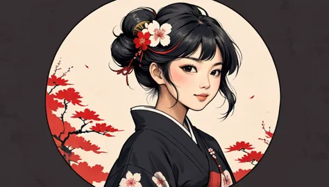 1 girl, circular logo, located in the middle, ink style, beautiful happy japanese girl, japanese clothing, japanese hairstyle, n...