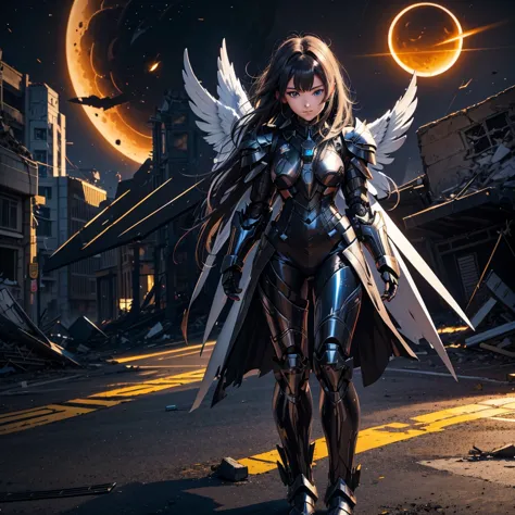 female mecha wings of angel, in black armor, in a destroyed city, the night, with an eclipse in the background