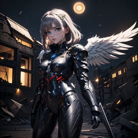 female mecha wings of angel, in black armor, in a destroyed city, the night, with an eclipse in the background