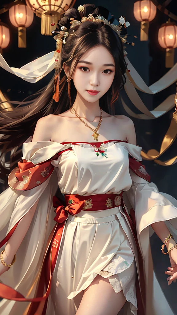 Girl in traditional Chinese clothing, Hanfu ,long black hair, black eyes, black bun hairstyle, hair accessories ,white diamond earrings, Bangle Diameter, Dia Necklace, Clear eyes, Facing forward,put on makeup, Long eyelashes ,(Long shoulder coat:1.5), (long white skirt:1.5), ((Whole body)), ((from below))ฃ, Clear face, , (Very beautiful face, Beautiful mouth, beautiful eyes), detailed face, ((Ultra-fine skin)), In the dark, deep shadows, an ancient Chinese girl (Very slim figure 1.3) ,Plump breasts, sexy slender legs elegant posture (smile brightly) (city night (neon light)) (nighttime ),