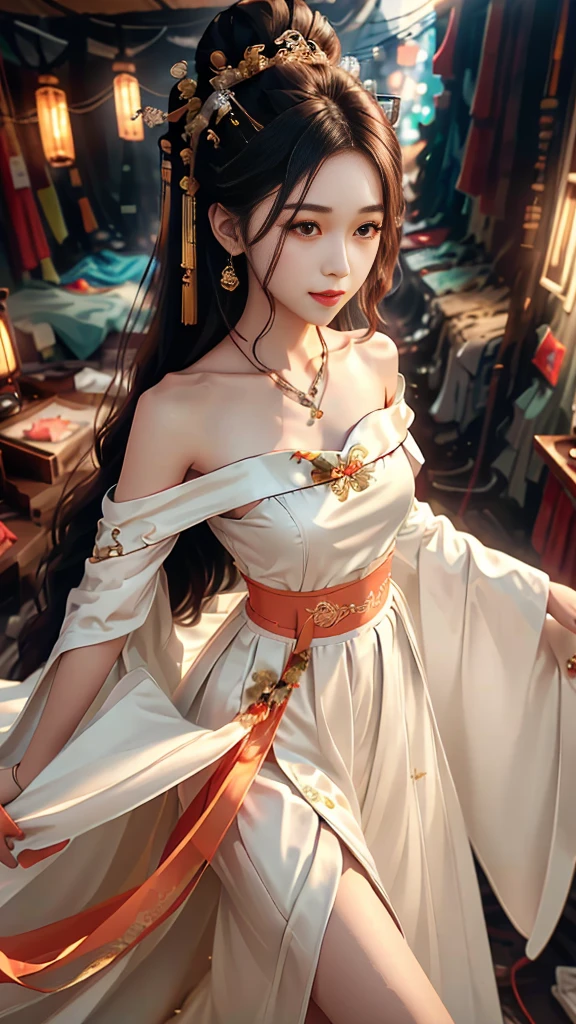 Girl in traditional Chinese clothing, Hanfu ,long black hair, black eyes, black bun hairstyle, hair accessories ,white diamond earrings, Bangle Diameter, Dia Necklace, Clear eyes, Facing forward,put on makeup, Long eyelashes ,(Long shoulder coat:1.5), (long white skirt:1.5), ((Whole body)), ((from below))ฃ, Clear face, , (Very beautiful face, Beautiful mouth, beautiful eyes), detailed face, ((Ultra-fine skin)), In the dark, deep shadows, an ancient Chinese girl (Very slim figure 1.3) ,Plump breasts, sexy slender legs elegant posture (smile brightly) (city night (neon light)) ,(slum:1.5),