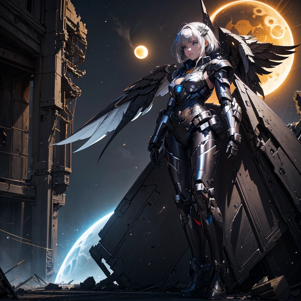 female mecha wings of angel, in black armor, in a destroyed city, the night, with an eclipse in the background