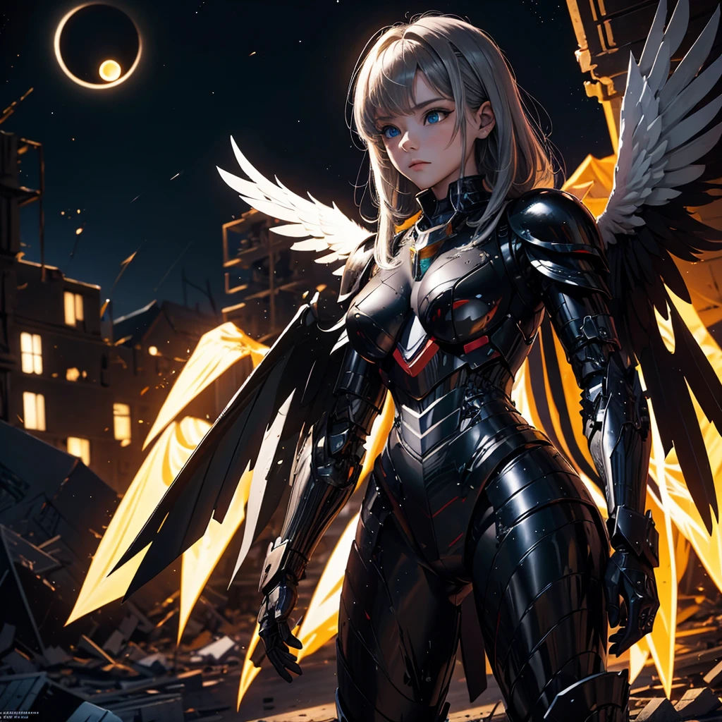 female mecha wings of angel, in black armor, in a destroyed city, the night, with an eclipse in the background