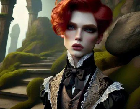 a gothic victorian red-haired prince androgynous boy man ,beautiful detailed eyes,beautiful detailed lips,extremely detailed fac...