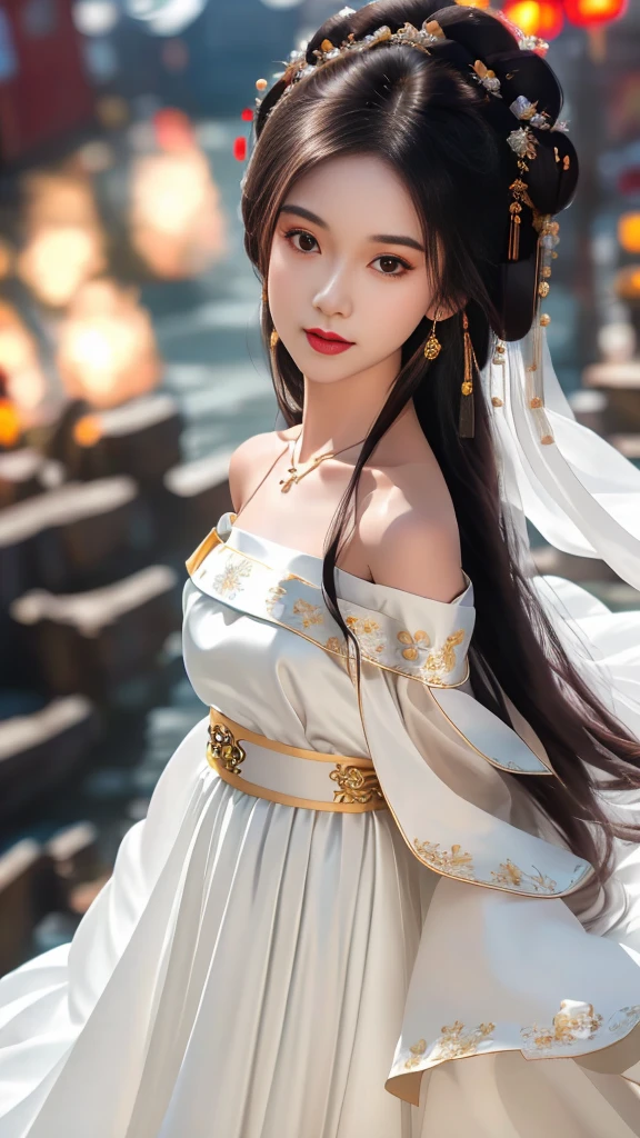 Girl in traditional Chinese clothing, Hanfu, Guzhen Hanfu women, White Hanfu,long straight black hair, black eyes, black bun hairstyle, hair accessories ,white diamond earrings, Bangle Diameter, Dia Necklace, Clear eyes, Facing forward,put on makeup, Long eyelashes ,(Long shoulder coat:1.5), (long white skirt:1.5), ((Whole body)), ((from below))ฃ, Clear face, , (Very beautiful face, Beautiful mouth, beautiful eyes), detailed face, ((Ultra-fine skin)), In the dark, deep shadows, an ancient Chinese girl (Very slim figure 1.3) ,Plump breasts, sexy slender legs elegant posture (smile brightly) ,(slum:1.5),