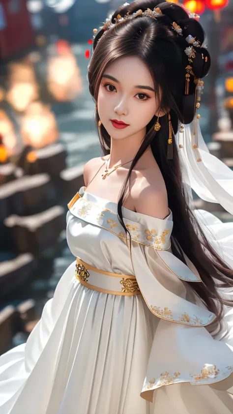 Girl in traditional Chinese clothing, Hanfu, Guzhen Hanfu women, White Hanfu,long straight black hair, black eyes, black bun hai...