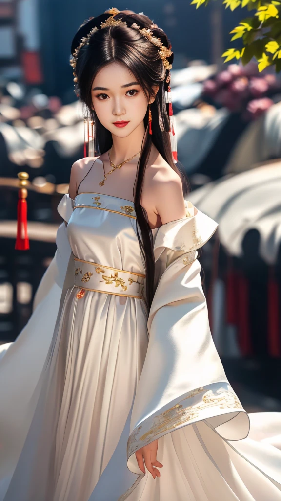 Girl in traditional Chinese clothing, Hanfu, Guzhen Hanfu women, White Hanfu,long straight black hair, black eyes, black bun hairstyle, hair accessories ,white diamond earrings, Bangle Diameter, Dia Necklace, Clear eyes, Facing forward,put on makeup, Long eyelashes ,(Long shoulder coat:1.5), (long white skirt:1.5), ((Whole body)), ((from below))ฃ, Clear face, , (Very beautiful face, Beautiful mouth, beautiful eyes), detailed face, ((Ultra-fine skin)), In the dark, deep shadows, an ancient Chinese girl (Very slim figure 1.3) ,Plump breasts, sexy slender legs elegant posture (smile brightly) ,(slum:1.5),