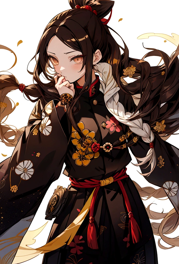 Kimetsu no estilo Yaiba , Mulheres , cabelo castanho comprido com mechas brancas ,olhos dourados , com um traje respiratório ying e yang e uma katana dourada