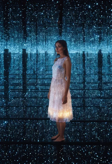 ykif, galaxy, a girl with white dress is looking at camera, glowing matrix code