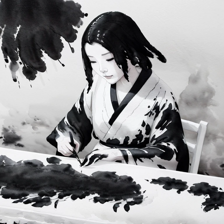 (((ภาพวาดหมึก:1.5))),(((ภาพวาดขาวดำ:1.4))),รูปภาพของผู้หญิงญี่ปุ่นผมสั้นเขียนจดหมายด้วยพู่กัน, 完璧なศิลปะการใช้เส้น, きれいなศิลปะการใช้เส้น, โครงร่าง, ศิลปะการใช้เส้น, 太い黒のศิลปะการใช้เส้น, 太いศิลปะการใช้เส้น, 美しいศิลปะการใช้เส้น,強烈なศิลปะการใช้เส้น, สไตล์ที่มีเงาเข้ม, ผมสลวยและชุดกิโมโน, 、หญิงชาวญี่ปุ่นสมัยเก่าเขียนจดหมายที่โต๊ะ、เธอสวมชุดกิโมโนสีขาวเรียบๆ แต่มีคุณภาพดี ขอบสีดำ.、ภาพจากด้านหน้า、
