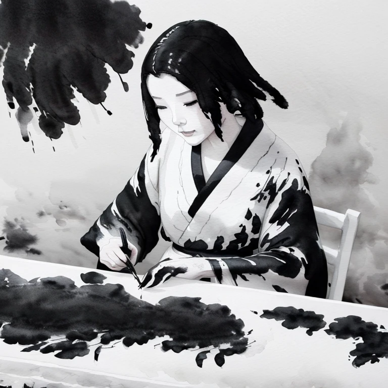 (((Pintura en tinta:1.5))),(((pintura en blanco y negro:1.4))),Una imagen de una mujer japonesa con el pelo corto escribiendo una carta con un pincel, 完璧なarte lineal, きれいなarte lineal, describir, arte lineal, 太い黒のarte lineal, 太いarte lineal, 美しいarte lineal,強烈なarte lineal, Un estilo con sombras fuertes, Cabello suelto y kimono, 、Una mujer japonesa antigua escribiendo una carta en un escritorio、Lleva un kimono blanco liso pero de buena calidad con ribetes negros.、Imagen desde el frente、