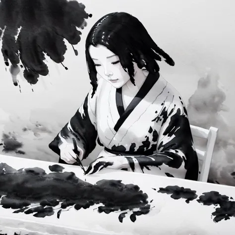 (((Ink Painting:1.5))),(((Black and white painting:1.4))),A picture of a Japanese woman with short hair writing a letter with a ...