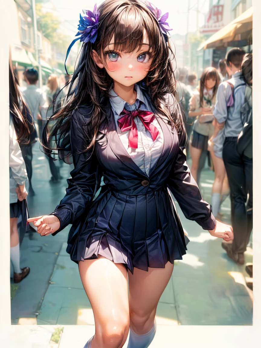 (High School Uniform:1.5)、(Spread your legs)、(Rich color expression)、(Big Breasts)、8K resolution、 masterpiece、((Highest quality))、Anatomically correct、The girl is alone、(I narrowed my eyes a little..:2)、(Flower Hair Ornaments)、(tie)、(ribbon)、((Hasselblad Photos))、[:(Detailed face:1.2):0.2]、(Standing on tiptoes:1.3)