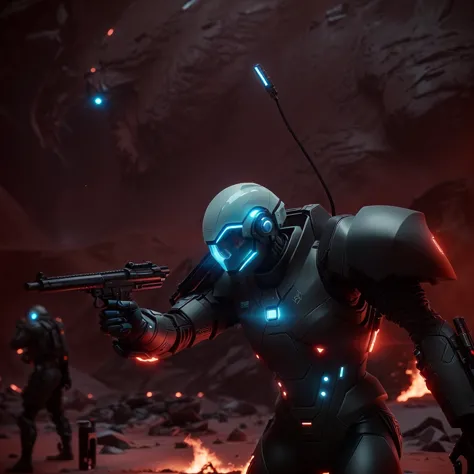 a close up of a person holding a gun near a fire, futuristic soldier, sci-fi soldier, futuristic battlefield, space soldier on m...