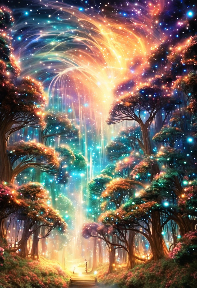 un paisaje surrealista compuesto por un cielo estrellado lleno de constelaciones brillantes y una luna gigante que ilumina un bosque encantado. En el bosque, retorcido, árboles de colores iridiscentes se entrelazan con enredaderas luminosas que brillan en la oscuridad. Criaturas mágicas como hadas danzantes., majestuosos unicornios y dragones alados se mueven entre los árboles, creando una atmósfera de magia y misterio. La escena está imbuida de una sensación de calma y asombro., invitando al espectador a sumergirse en un mundo de fantasía y asombro.