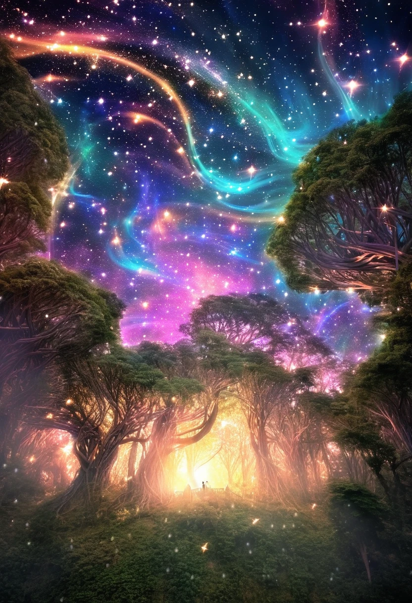 a surreal landscape composed of a starry sky full of bright constellations and a giant moon that illuminates an enchanted forest. In the woods, Twisted, iridescently colored trees intertwine with luminous vines that glow in the dark. Magical creatures like dancing fairies, majestic unicorns and winged dragons move through the trees, creating an atmosphere of magic and mystery. The scene is imbued with a sense of calm and wonder, inviting the viewer to immerse themselves in a world of fantasy and wonder.