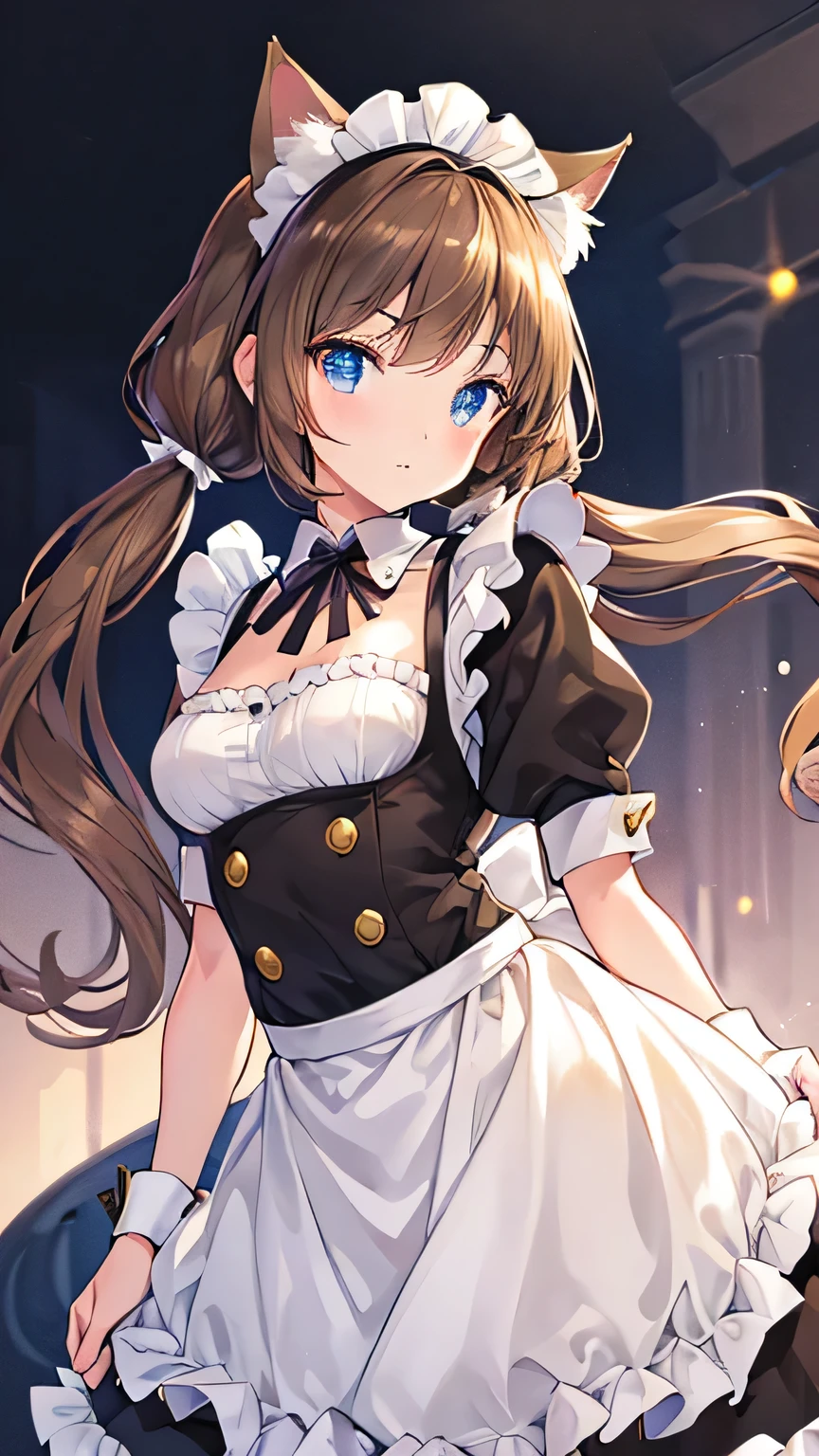 beautiful face, best quality, shiny skin, detailed skin, detailed face, detailed eyes, beautiful lady, light brown hair, low twintails, maid headdress, cat ears, Pop art, best quality, highres, masterpiece, super detail, 8k, Maid working in the palace, maid uniform, Ruffled Apron, from side